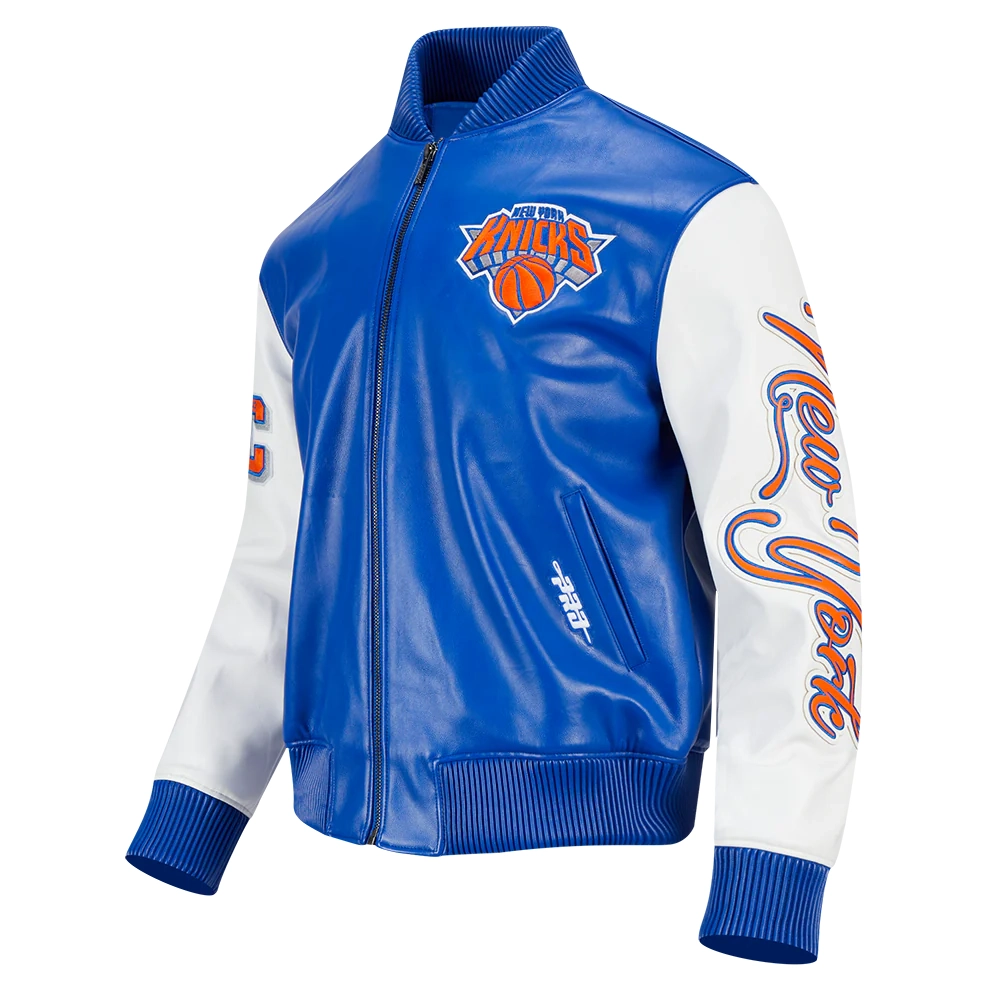 New York Knicks City Signature Blue Leather Varsity Jacket - Image 3
