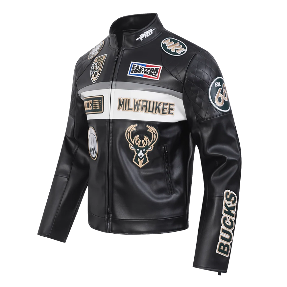 Milwaukee Bucks Men’s Moto Black Leather Jacket - Image 2